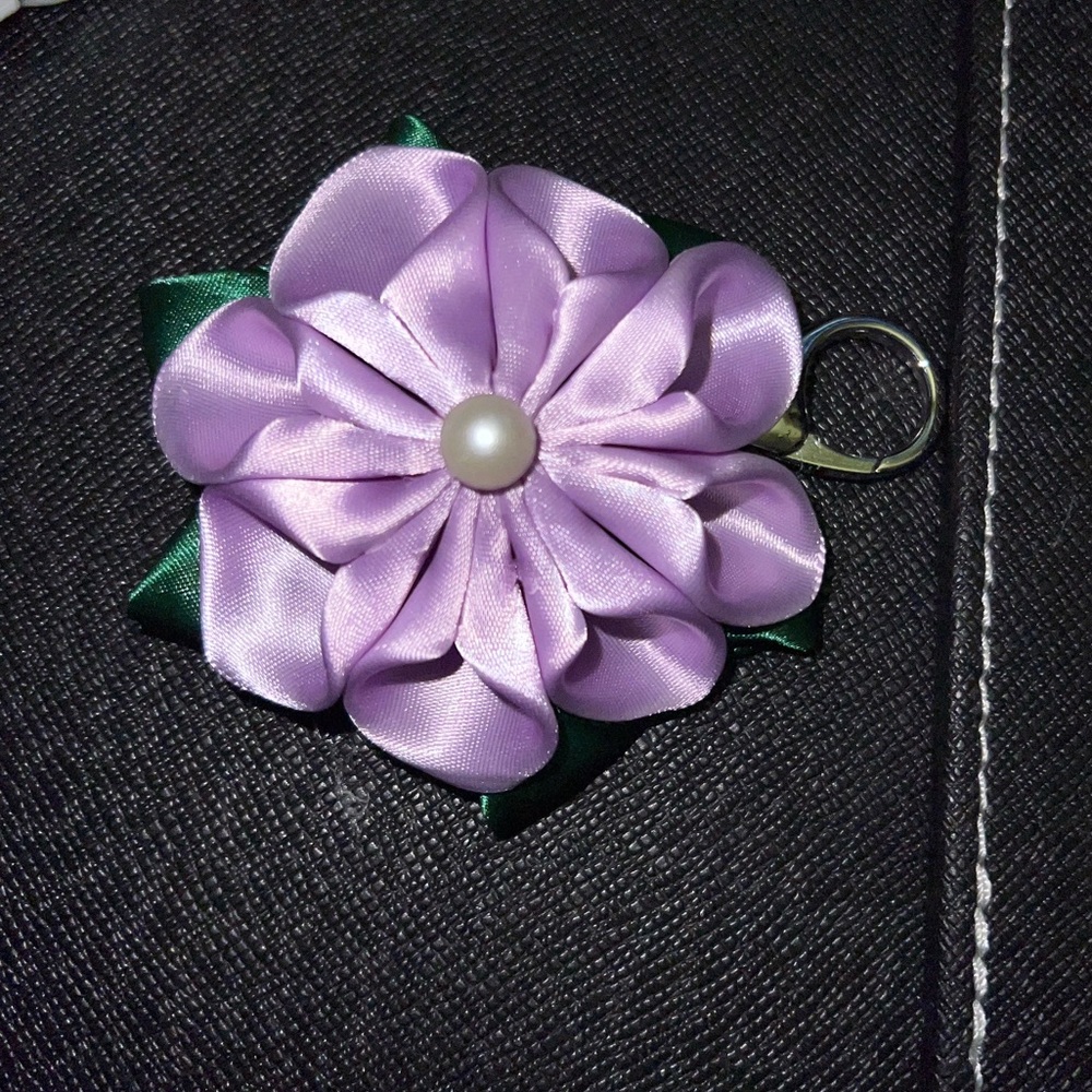 Purple and Green Floral Key Chain with Pearl Accent